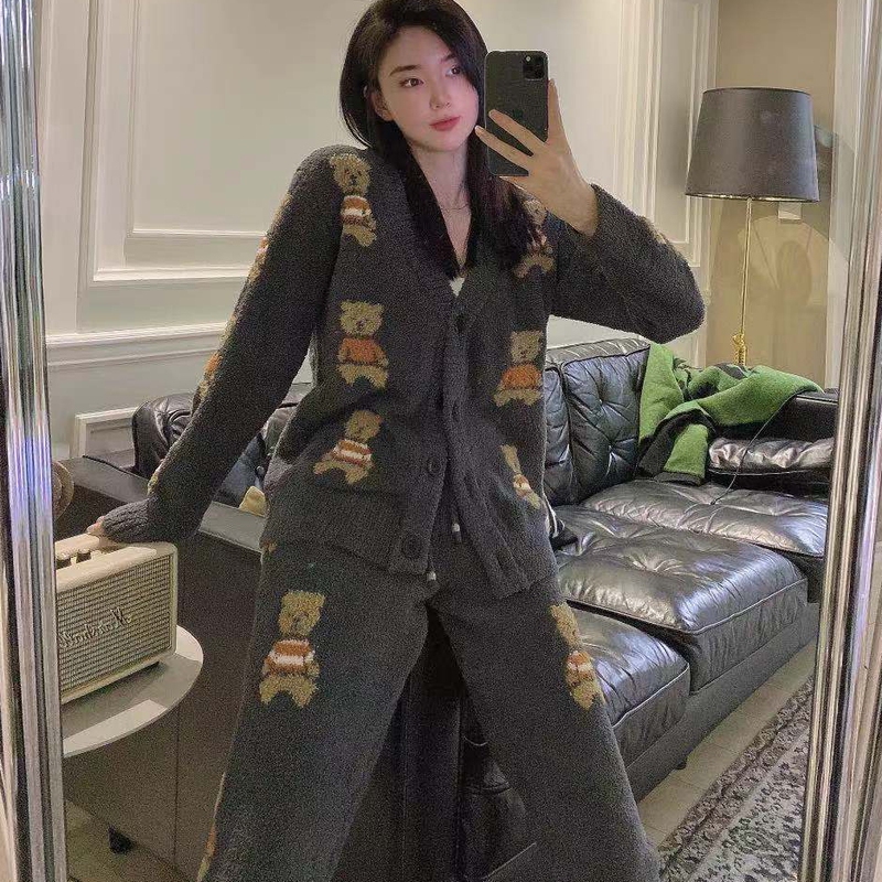 Autumn and Winter Soft Bear Pajamas, Cute Cartoon Teddy Bear Cardigan, Long Pants, Warm Plush Home Wear Set