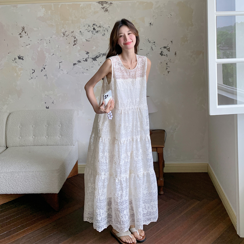 High-End Lace Embroidery Print Elegant Sleeveless Long Dress 2026 Summer French Heavy Craftsmanship White Dress for Women High-End Lace Embroidery Print Elegant Sleeveless Long Dress 2026 Summer French Heavy Craftsmanship White Dress for Women