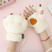 Cute Cat Paw Half Finger Gloves Female Winter Bear Palm Student Thickened gush warm plush half cut finger Bear Paw Hang Neck
