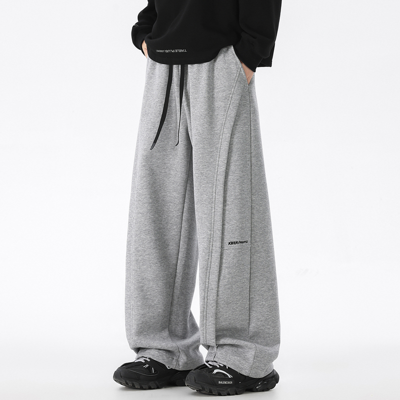 Lenomine American-Style Deconstructed Casual Sweatpants for Men, Spring and Autumn Trendy Brand Embroidered Straight-Leg Sports Pants, Vintage Wide-Leg Pants