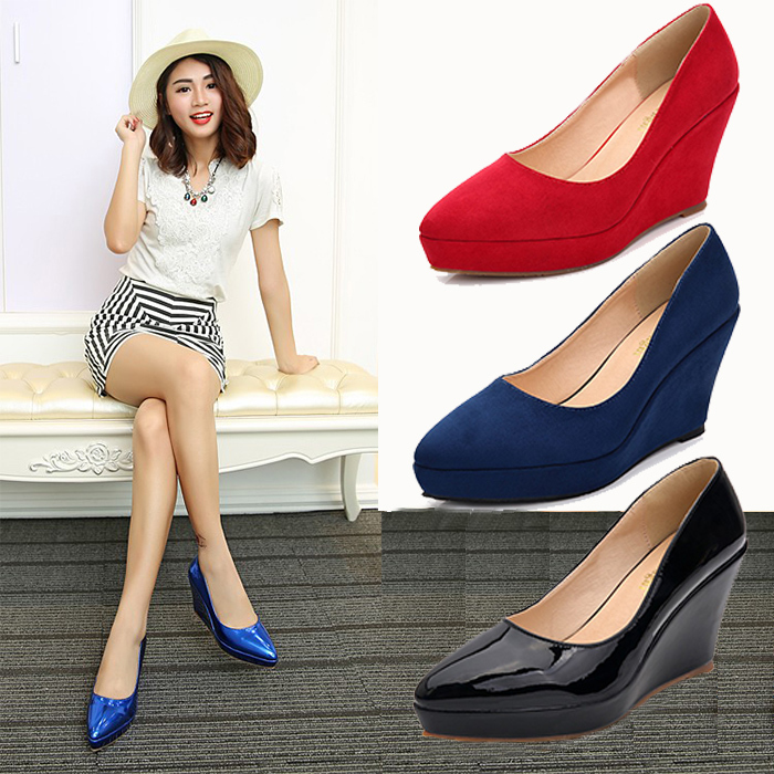 New Wedge-Heeled Shallow Patent Leather Shoes, Pointed-Toe Suede Thick-Soled Platform Shoes, High-Heeled Shoes, Work Shoes, Small Size Women's Shoes for All Seasons