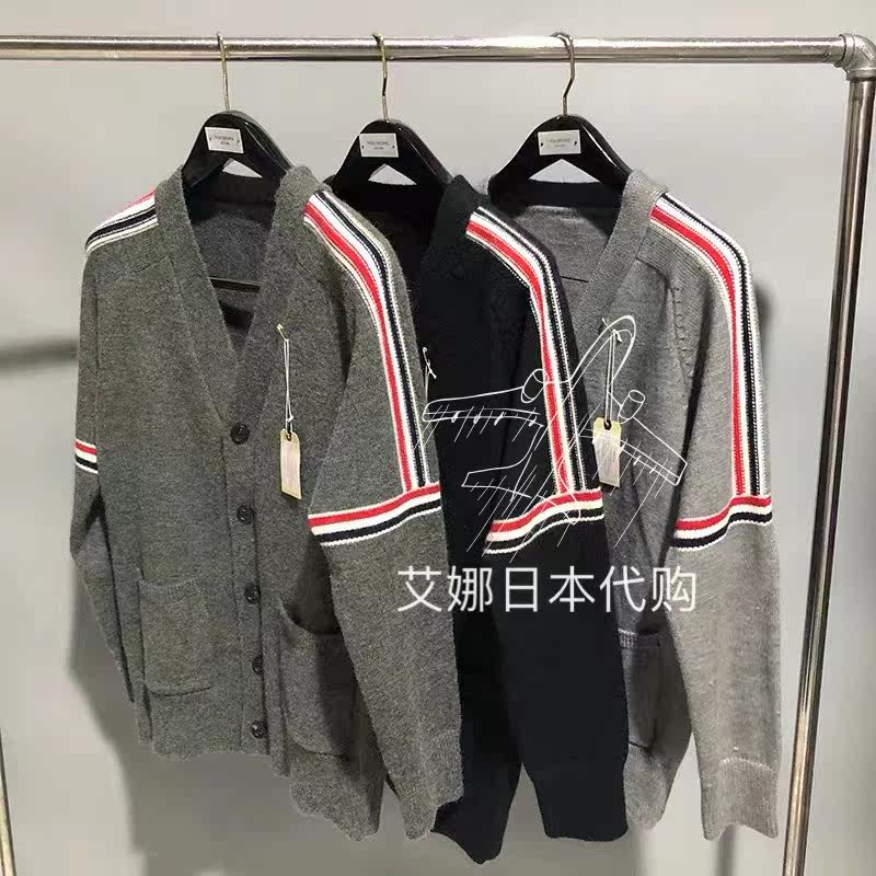 Aina Thom Browne21 autumn winter style knitted cardiovert V collar red white blue jacket male and female