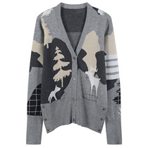 Aina Day Thom Browne jungle animal pattern graffiti sweater V-neck knitted wool jacquard cardigan