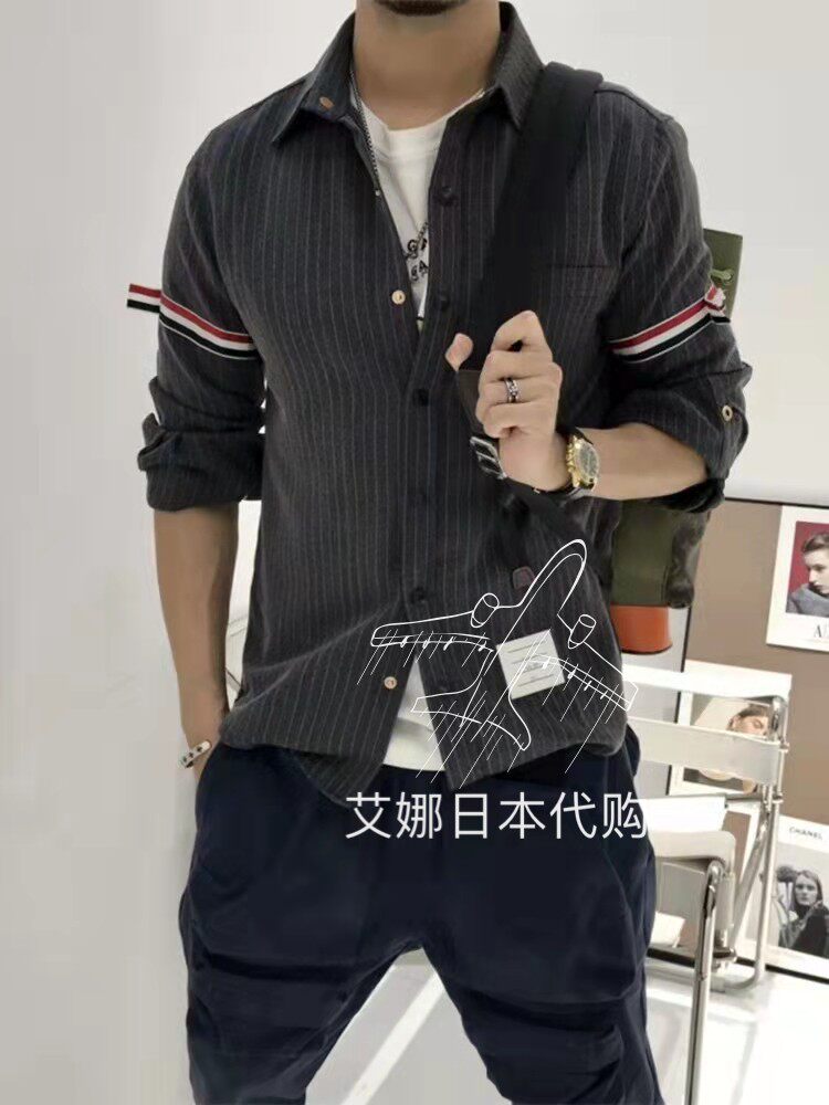 Aina Thom Browne21 autumn and winter style double sleeve striped shirt turning tide shirt male and female