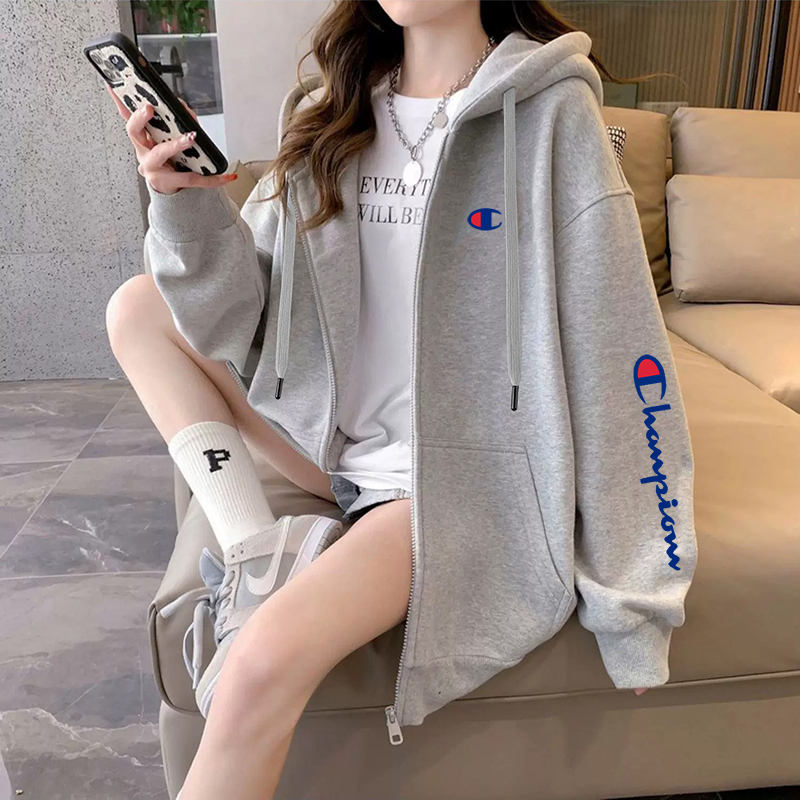 Champion Gray Sweatshirt Jacket for Women, Autumn and Winter, Fleece-Lined, Thick, Loose, Hooded, Zip-Up, Student, Plus Size, for Chubby Girls Champion Gray Sweatshirt Jacket for Women, Autumn and Winter, Fleece-Lined, Thick, Loose, Hooded, Zip-Up, Student, Plus Size, for Chubby Girls