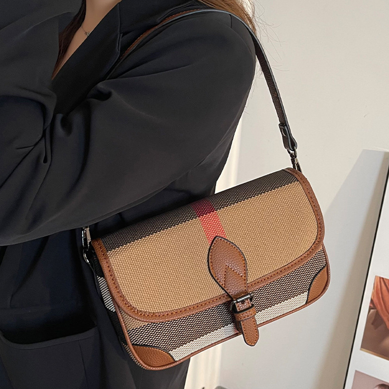 Plaid Canvas Bag for Women, New Style, High-End, Fashionable, Versatile, Elegant Plaid Underarm Bag with Wide Shoulder Strap, Single Shoulder Crossbody Bag