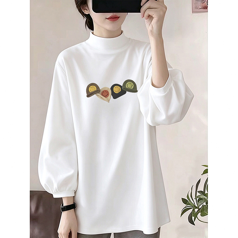 White Half-Turtleneck Long-Sleeve T-Shirt, Spring and Autumn Mid-Length Loose Lantern Sleeve Cotton Top, Fashionable Versatile Base Shirt