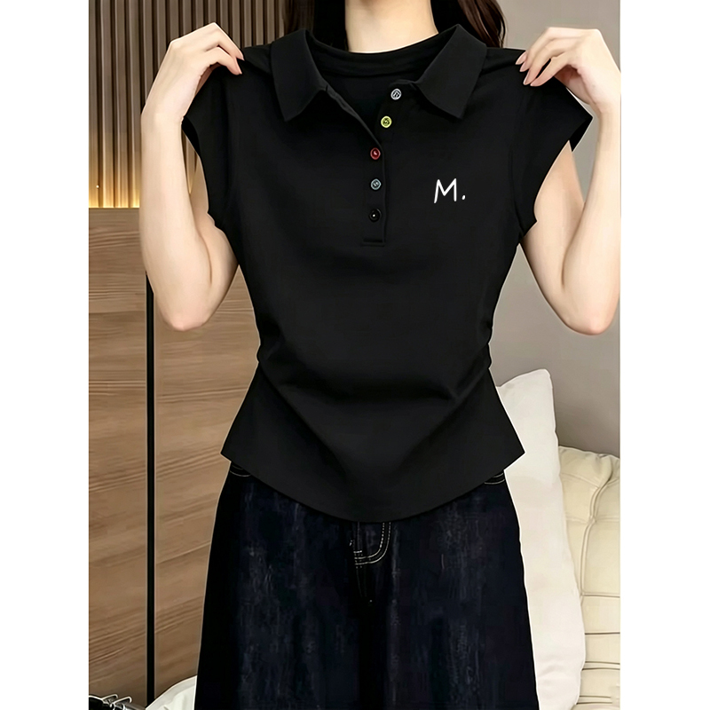 Dopamine Button Black Polo Collar Short Sleeve T-Shirt 2026 Summer New Cotton Waist-Cinching Ruched Slimming Top Dopamine Button Black Polo Collar Short Sleeve T-Shirt 2026 Summer New Cotton Waist-Cinching Ruched Slimming Top