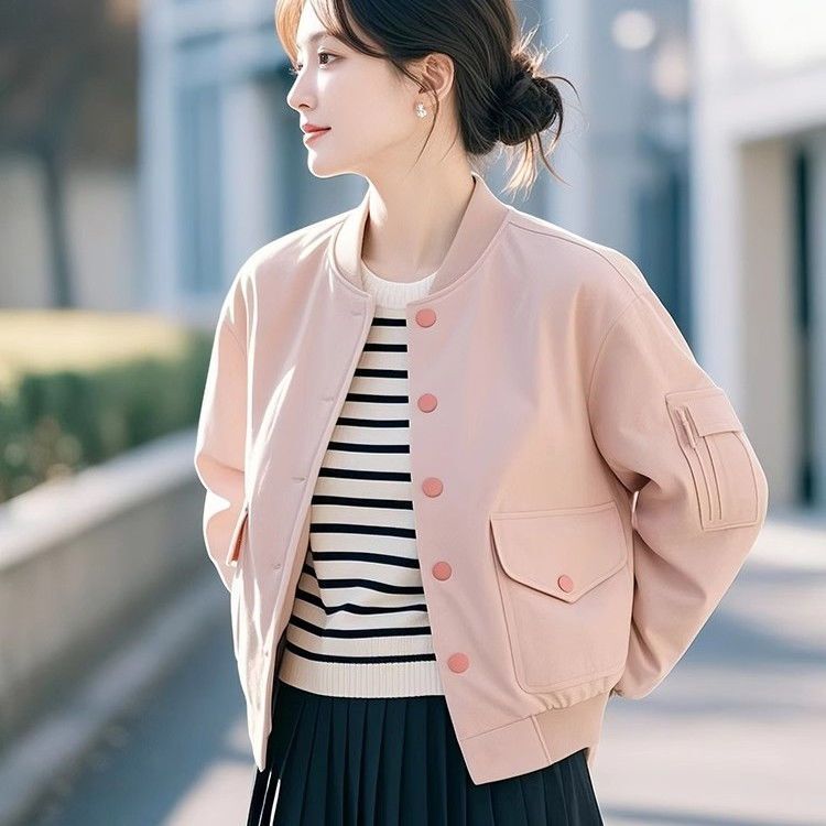 Women's Baseball Jacket Short Style 2025 New Trendy Versatile Workwear Fashion Jacket Round Neck Casual Top Women's Baseball Jacket Short Style 2025 New Trendy Versatile Workwear Fashion Jacket Round Neck Casual Top