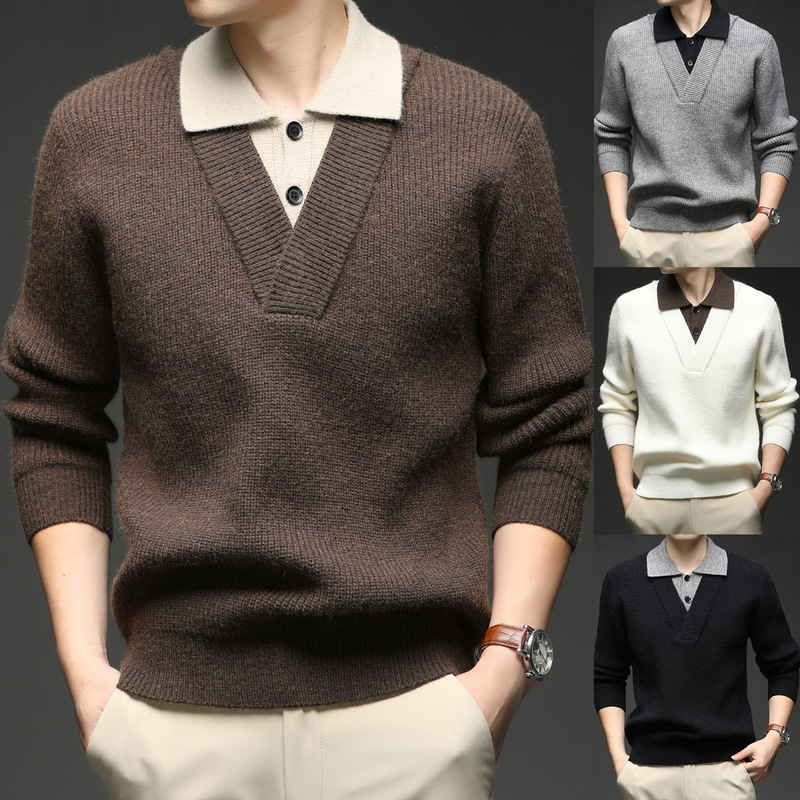 Fake Two-Piece Polo Shirt, Fashionable and Casual, Unisex Style, Collared Knit Sweater, Old Money Style, High-End Autumn and Winter Sweater