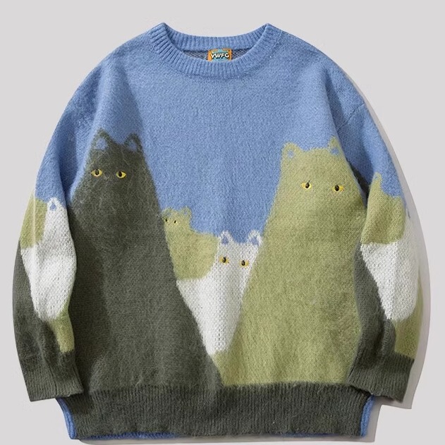 Trendy Cartoon Retro Cat Jacquard Crew Neck Sweater for Young People, Loose, Comfortable and Versatile, Suitable for Autumn and Winter, Couple Knitwear