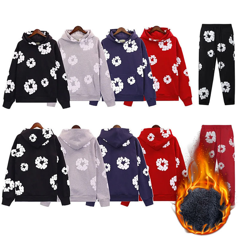Fashionable American-Style Autumn and Winter Kapok Foam Print Design Hooded Sweatshirt, Unisex Long Pants Set