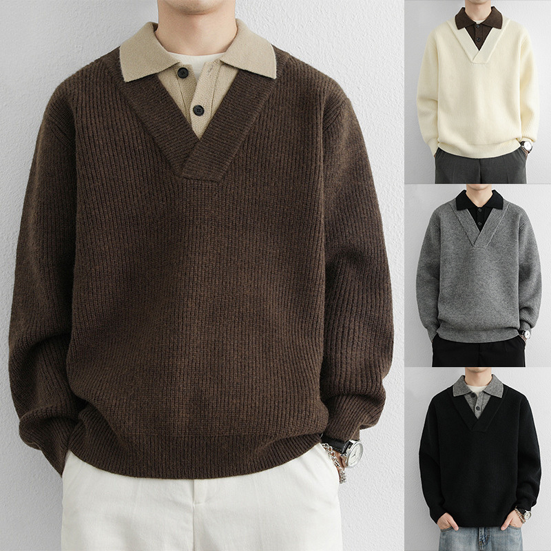 Fake Two-Piece Polo Shirt Japanese Casual Versatile Collared Knit Sweater Men's Old Money Style High-End Autumn and Winter Sweater Trendy