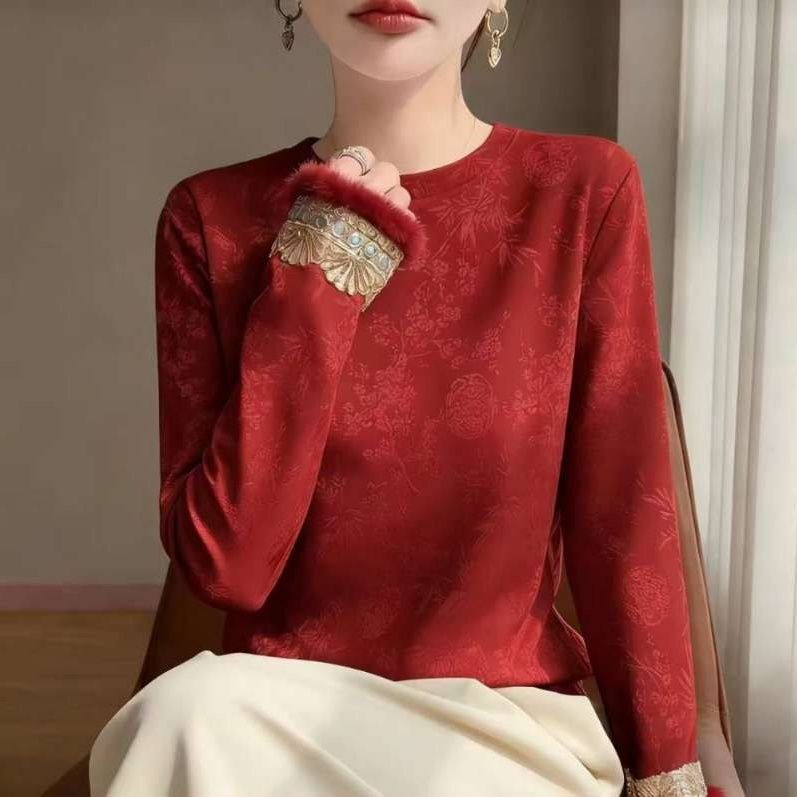 New Chinese-Style National Style Shirt for Women 2026 New Embroidered Base Shirt with Fleece and Thickened for Warmth, Long-Sleeve Top
