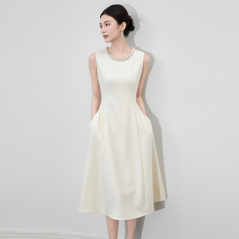 Hepburn-Style French Vest Dress with Heavy Beading on the Collar, Sleeveless, Cinched Waist, Pockets, A-Line French Dress, Evening Gown