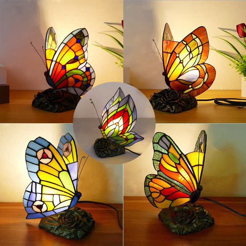 Amazon European-Style Tiffany Butterfly Table Lamp with Stained Glass Creative ins Bedroom Bedside Decorative Table Lamp
