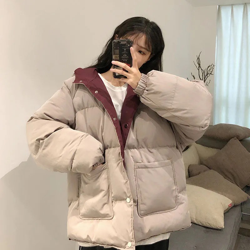 Reversible Cotton-Padded Jacket for Women, Winter Korean Style Short Version for Petite Figures, Hong Kong Style Hooded Student Puffer Jacket Reversible Cotton-Padded Jacket for Women, Winter Korean Style Short Version for Petite Figures, Hong Kong Style Hooded Student Puffer Jacket