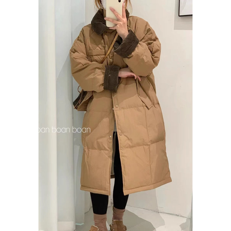 2024 New Style Large White Duck down Corduroy Collar Patchwork Mid-Length Loose White Duck down Jacket