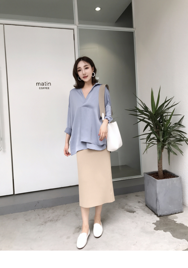 MMCO ◆ 2018 mùa xuân và mùa hè sản phẩm mới kết cấu lụa tính khí áo sơ mi dài tay áo đầu gối dài váy của phụ nữ màu xanh đầm suông đẹp
