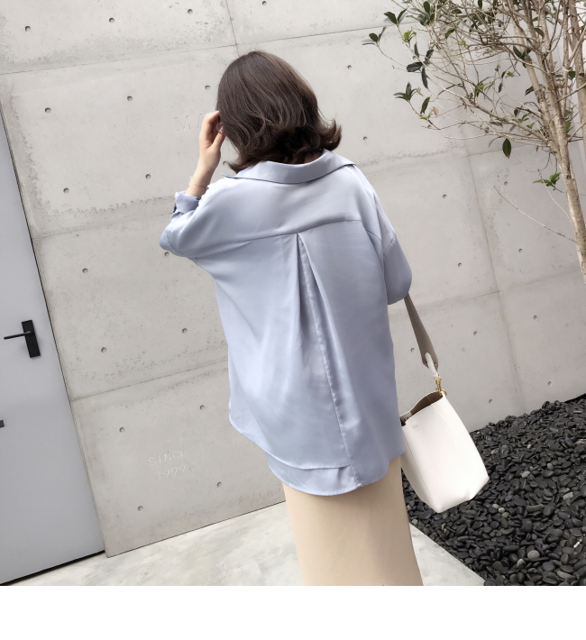 MMCO ◆ 2018 mùa xuân và mùa hè sản phẩm mới kết cấu lụa tính khí áo sơ mi dài tay áo đầu gối dài váy của phụ nữ màu xanh đầm suông đẹp
