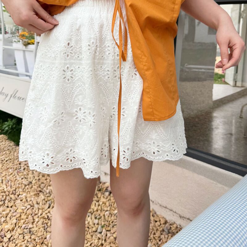 Leilei【Clear and Cool for Summer】Full Elastic High-Waisted Lace Crochet Loose Slimming A-Line Shorts