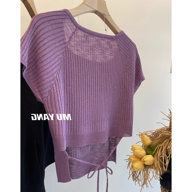 French-Style Purple Ice Silk Knitted Short-Sleeve T-Shirt for Women, Summer Thin Style with Exposed Back, Waist-Tie, Sweet and Spicy Flutter-Sleeve Top French-Style Purple Ice Silk Knitted Short-Sleeve T-Shirt for Women, Summer Thin Style with Exposed Back, Waist-Tie, Sweet and Spicy Flutter-Sleeve Top