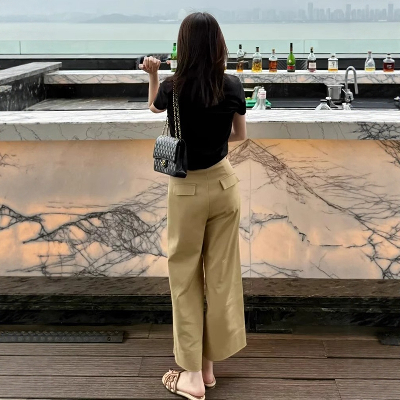 Khaki Casual Suit Pants for Women, Summer Pear-Shaped Figure, Loose Workwear Wide-Leg Pants, Petite Straight-Leg Cropped Pants