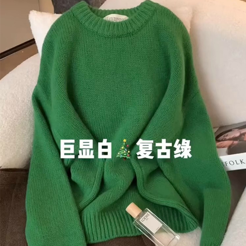 High-End Soft Green Sweater for Women, Autumn and Winter, Christmas Vibe, Loose and Lazy Style, Knitted Top, Thick Inner Layer