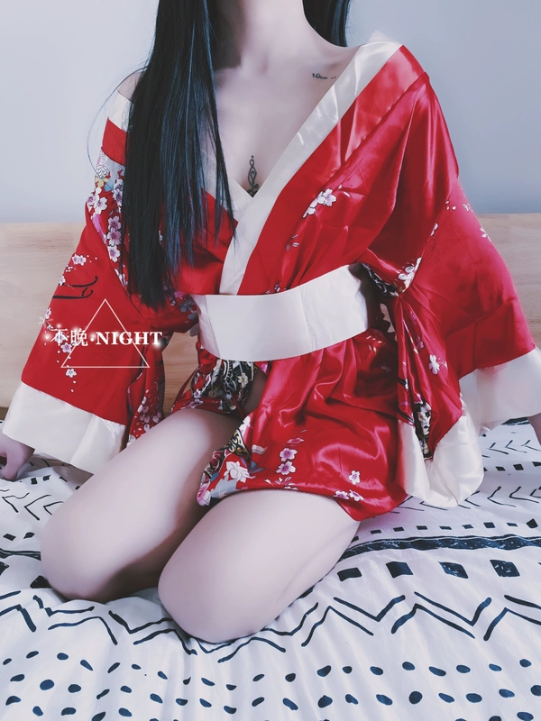 Không quá trễ, sexy, kimono Nhật Bản, hoa hồng, trêu chọc, cám dỗ, váy ngủ, ảnh mỏng, nội y sexy - Night Robe