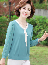 Qian Baiyi love mother dress new chiffon V collar base shirt with middle-aged and elderly ladies is large size long sleeve T-shirt