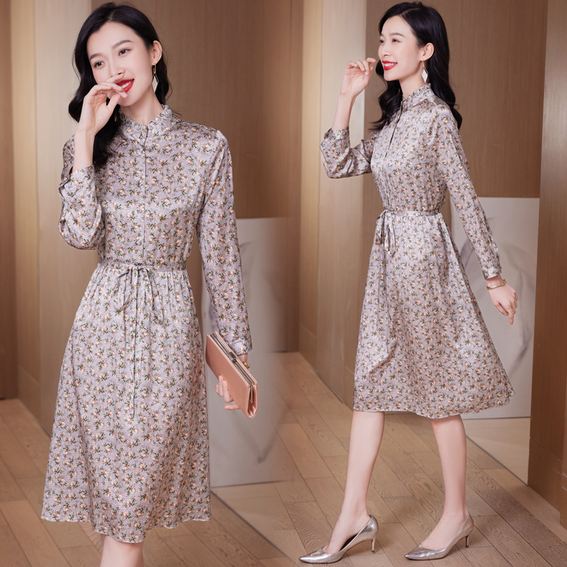 Silk Printed Long-Sleeved Base Dress, New Spring and Autumn Style, Women's Fashionable and Elegant French Floral Plus-Size Mulberry Silk Dress Silk Printed Long-Sleeved Base Dress, New Spring and Autumn Style, Women's Fashionable and Elegant French Floral Plus-Size Mulberry Silk Dress