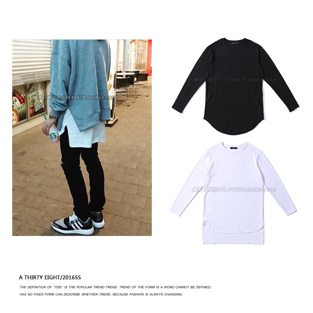 欧美高街休闲男士长袖T恤 前短后长圆弧下摆纯色打底衫FOG同