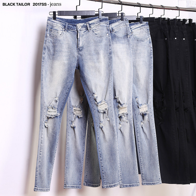 高街潮男复古洗水做旧膝盖破洞破烂牛仔裤 男士机车权志龙牛仔裤