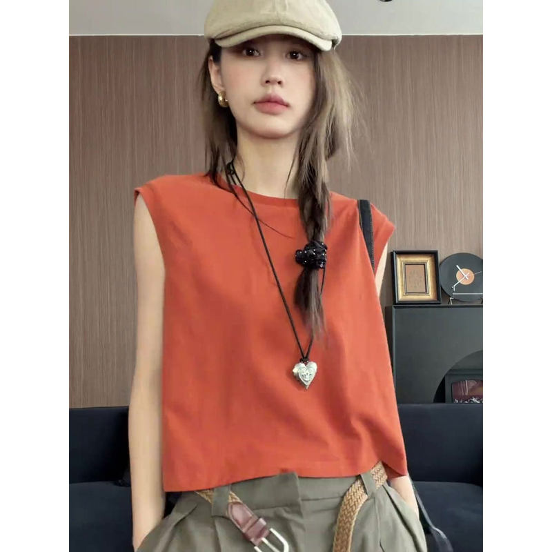 American Retro Orange Sleeveless Vest for Women, Summer Outerwear, Loose Fit, Slimming, Versatile, Casual, Fashionable Top for Petite Women