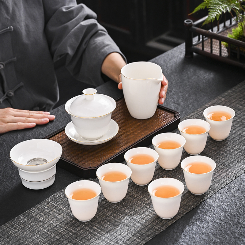 Dehua Teapot, Teacup, Lidded Bowl, Ceramic Tea Tray, Tea Ceremony, White Jade Porcelain, Kung Fu Tea Set, Small Set for Home Use, Simple Style