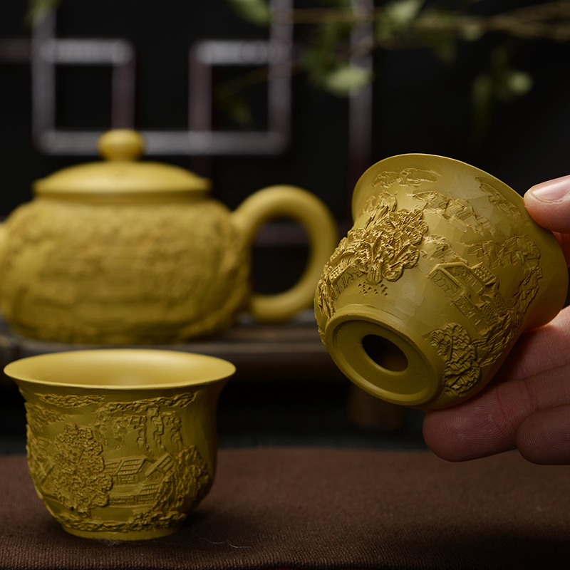 Howe auspicious tea sets are it all hand tea purple sand tea set zhu mud hand relief huangshan mountain water