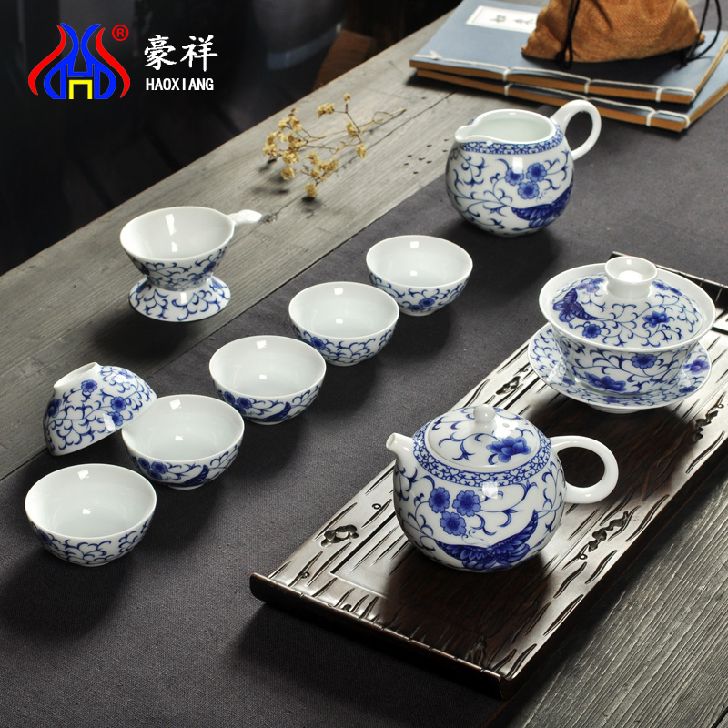 Howe auspicious money butterfly green rhyme of a complete set of kung fu tea set of blue and white porcelain teacup blue and white porcelain ceramic teapot teacup