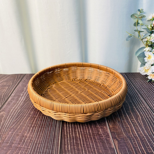 W107 imitation ຫວາຍ dustpan drying basket round brown home storage basket tray hand-woven woven basket 30*7