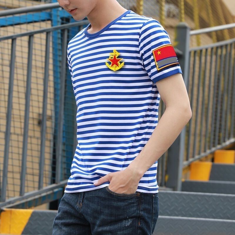 Navy Shirt for Comrades' Reunion, Short-Sleeved T-Shirt with Hot-Stamped Red Flag, Pure Cotton Blue and White Striped Half-Sleeve Commemorative Naval Battle Physical Training Uniform