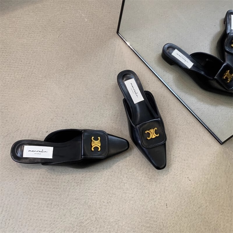 Women's Open-Toe Flat Slippers for Outdoor Wear, 2026 Spring/Summer New French-Style Pointed Toe with Metal Buckle, Versatile Mule Half-Slipper Sandals Women's Open-Toe Flat Slippers for Outdoor Wear, 2026 Spring/Summer New French-Style Pointed Toe with Metal Buckle, Versatile Mule Half-Slipper Sandals