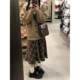 Hong Kong style retro coffee color v-neck sweater jacket for women autumn and winter new knitted cardigan retro plaid skirt suit