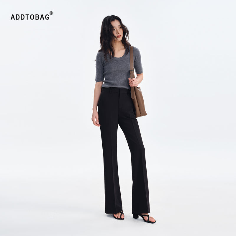 Addtobag【Commuting King/Acetate Edition】High-Waisted Black Straight-Leg Trousers for Women, Slightly Flared, Casual, Slimming Long Pants