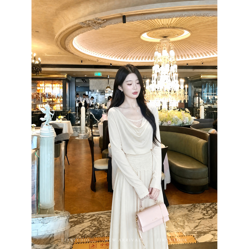 Eia Yiyaojia [Elegant and Simple] Temperament Long-Sleeve Dress for Women, Autumn French Style Waist-Cinching Knitted Base Dress
