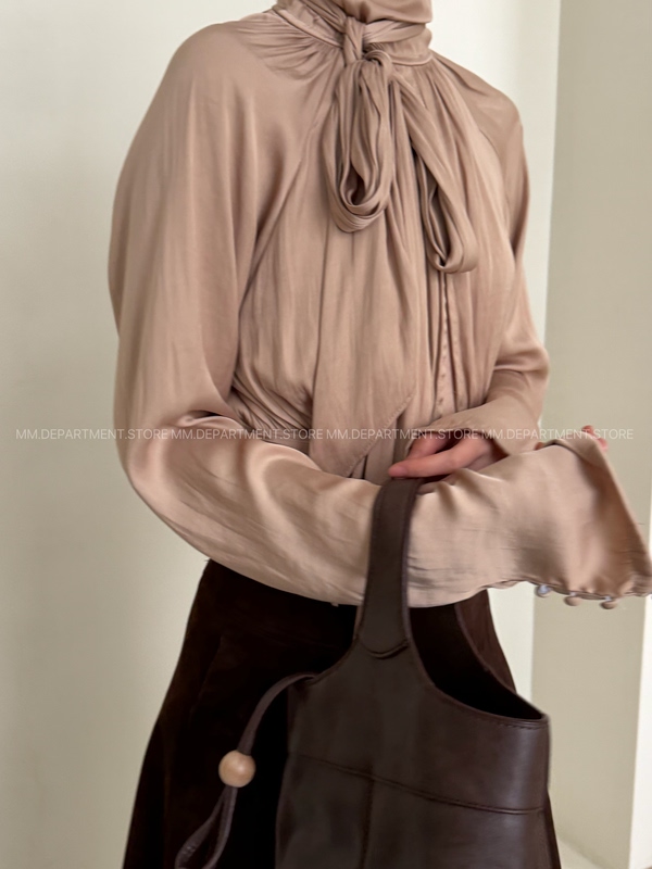 Sand Dune Nude Color! Stand-Up Collar Tie Ribbon Shirt, Hollow-Out Backless High-Waisted Slimming Design Shirt
