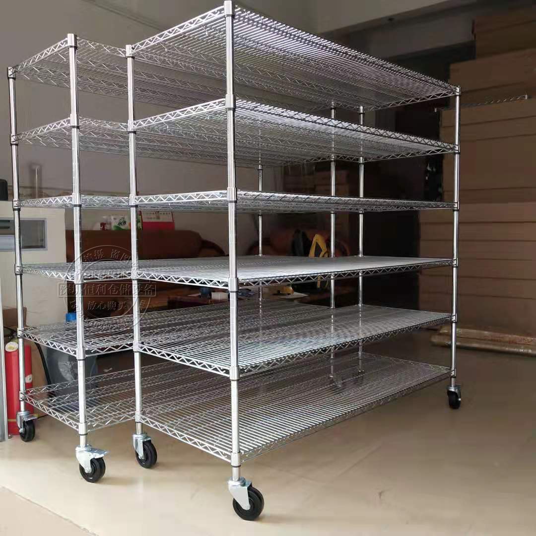 Stainless steel shelf anti-static metal wire mesh shelf carbon steel chrome plated mesh rack with wheels mobile household rack