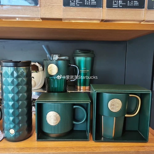 Starbucks, зеленая стеклянная трубочка, термос со стаканом, градиент