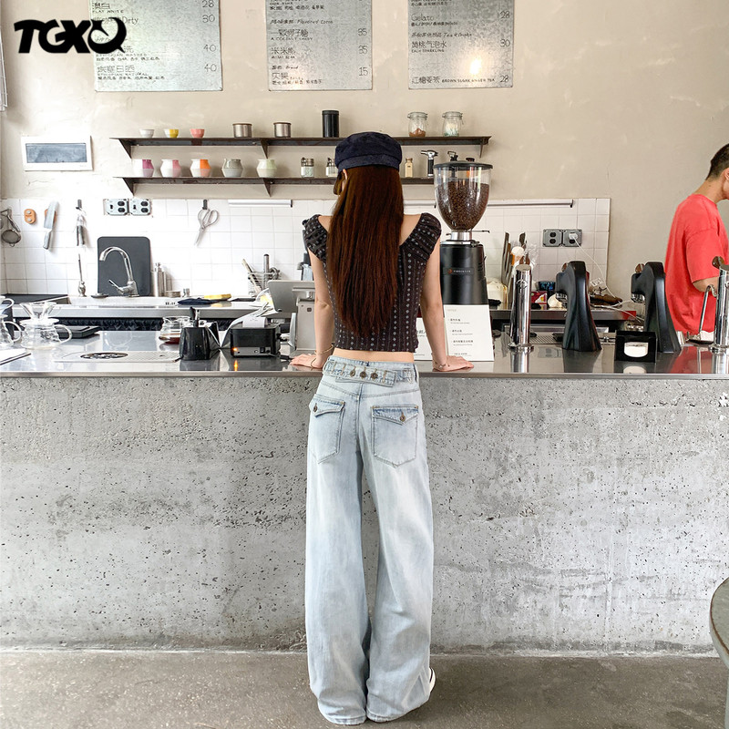 Tgxq Paris Buckle Jeans for Women 2026 New American Style High-Waisted Trendy Light Blue Scimitar Loose Wide-Leg Pants Tgxq Paris Buckle Jeans for Women 2026 New American Style High-Waisted Trendy Light Blue Scimitar Loose Wide-Leg Pants