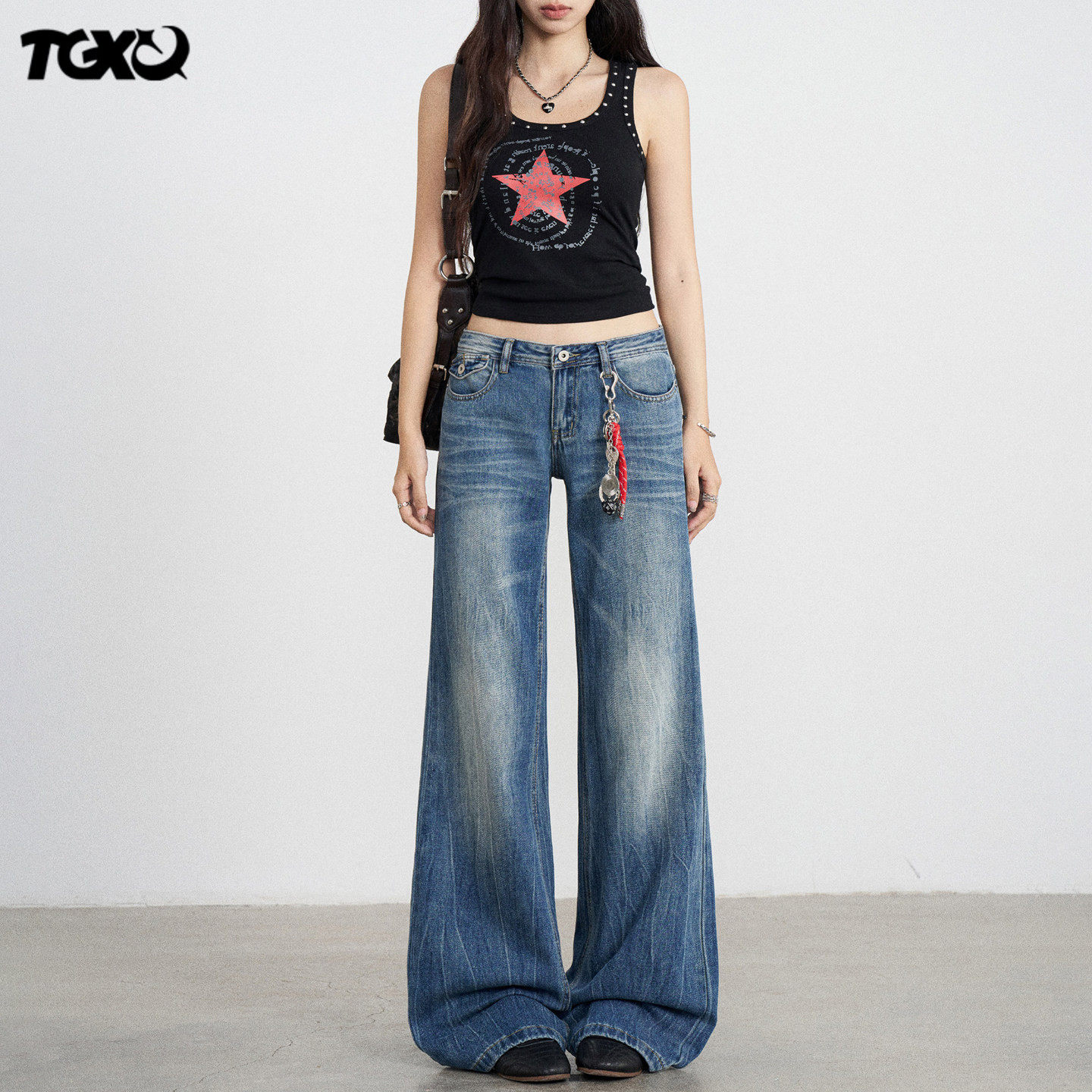 TGXQ复古蓝牛仔裤女2026新款美式扎染水洗辣妹拖地阔腿宽松直筒裤