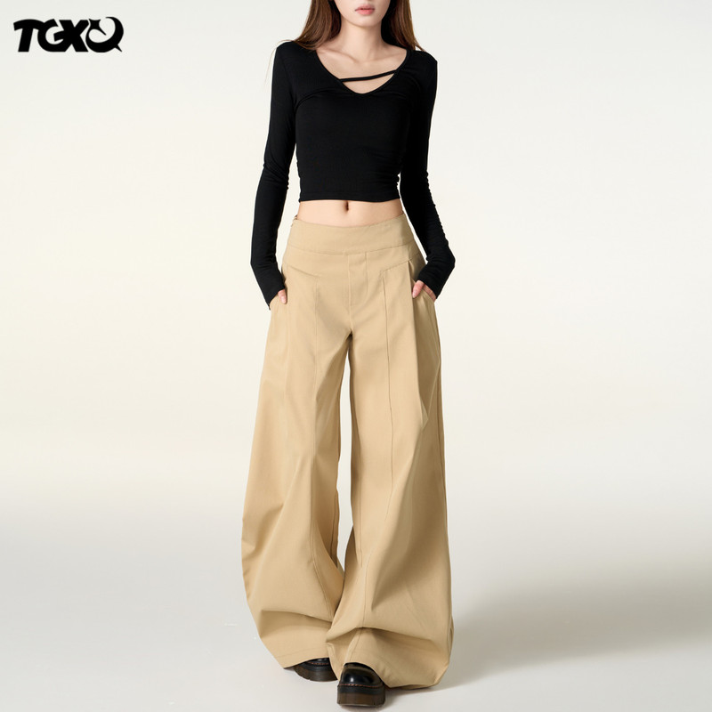 Tgxq Khaki Casual Pants for Women 2025 New Fashion Trendy High-Waisted Pleated Loose Lazy Style Wide-Leg Pants