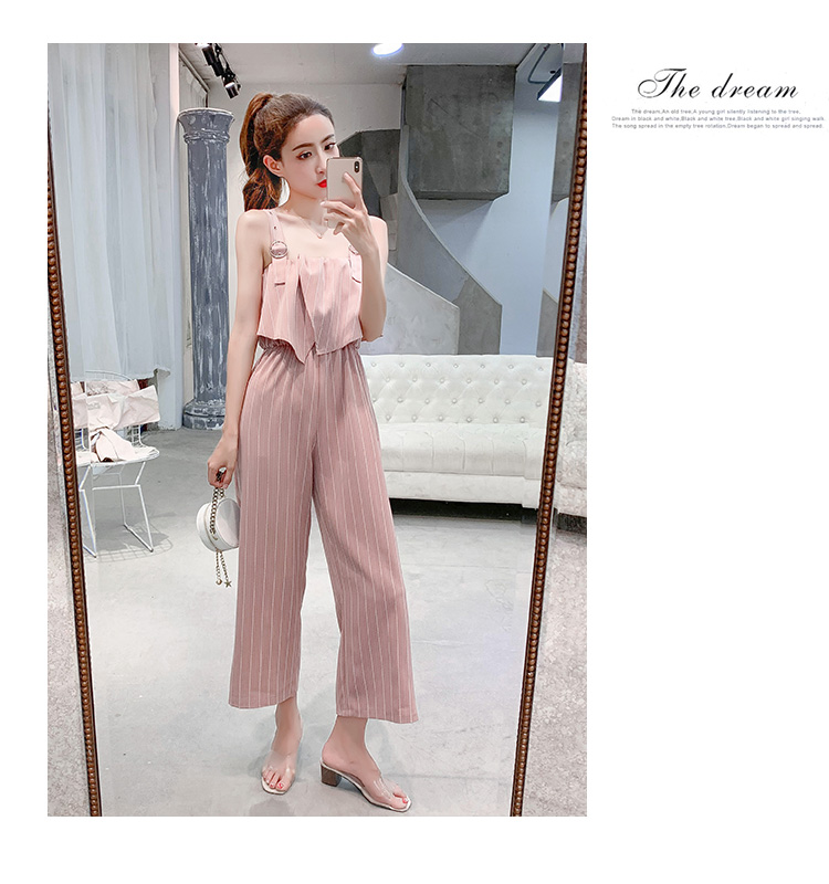 VK旗艦店 韓系時尚露肩條紋寬口褲連身褲套裝無袖褲裝